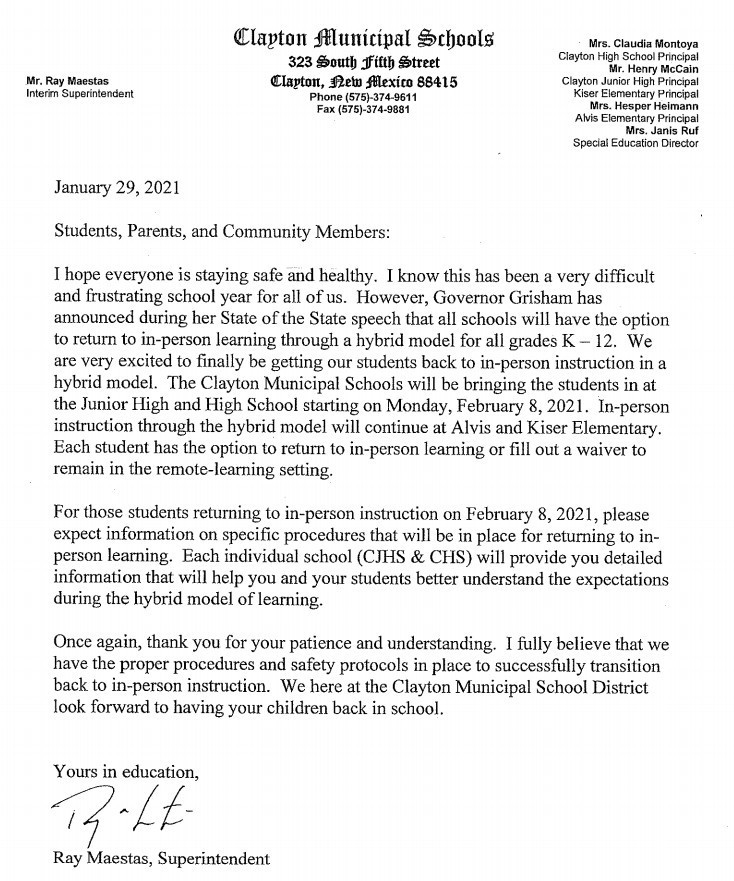 CMS Superintendent Re-entry Letter